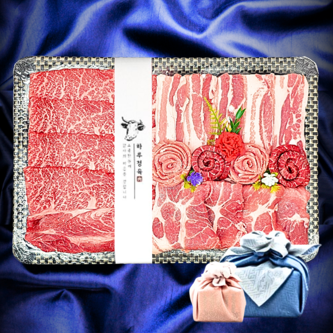 하루정육] 최상급 고기선물세트 구이용 한돈한우 혼합세트 추석명절 이바지 고기 선물용 [보자기+노리개], 1세트, 1.1kg