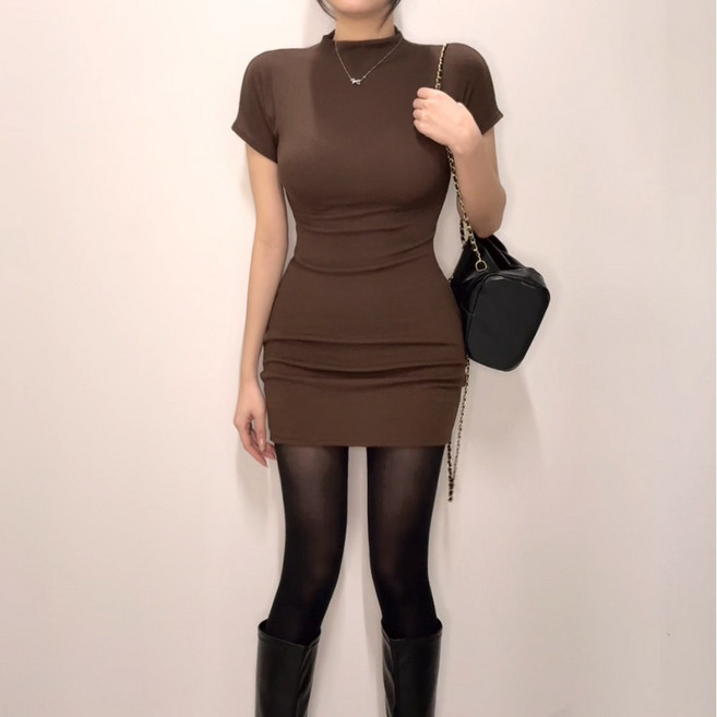 VANANA2 [고퀄원단/국내제작] 하객룩으로도좋은 허리잘록핏 오피스 니트 스판 터틀넥반팔 골지 캡반목원피스