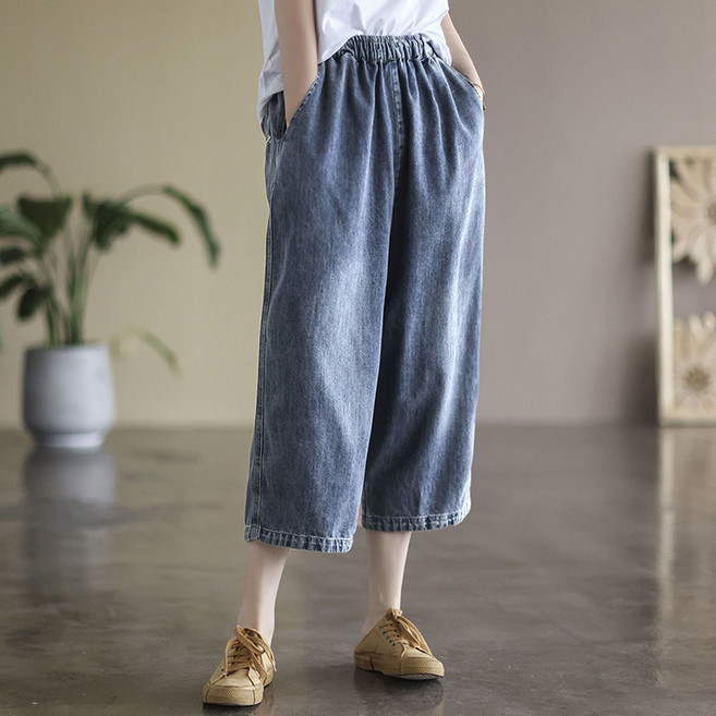 POMTOR 여성용 여름 얇은 7부 청바지 루즈핏 와이드 일자 바지 데님 슬랙스