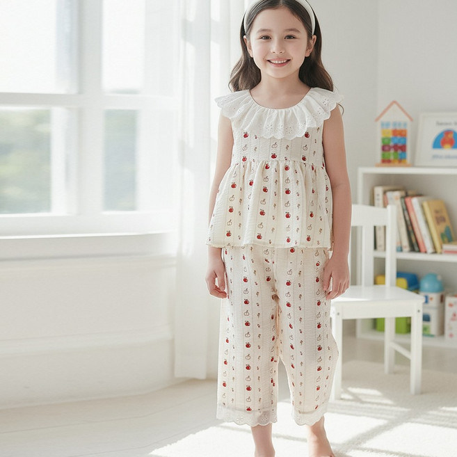 달콩슈 여아용 여름 잠옷 상하의 세트 레이스 상의 바지 파자마 아동 DKP907