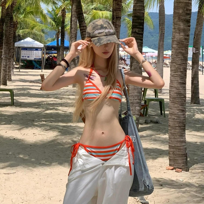 女性感撞色條紋比基尼三角綁帶小胸聚攏顯瘦度假泳衣, 1個, 條紋比基尼L