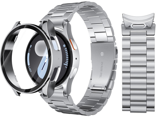 AITEWO 갤럭시워치 애플워치 호환 프리미엄 메탈 밴드 스트랩 액정보호 풀커버 일체형 케이스 세트 길이조절기 포함, 1개, 실버