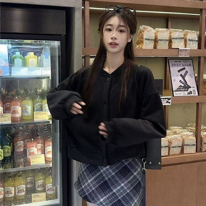 Chic 小個子長袖開衫衛衣外套女 設計感小眾開春百搭休閒棒球服上衣
