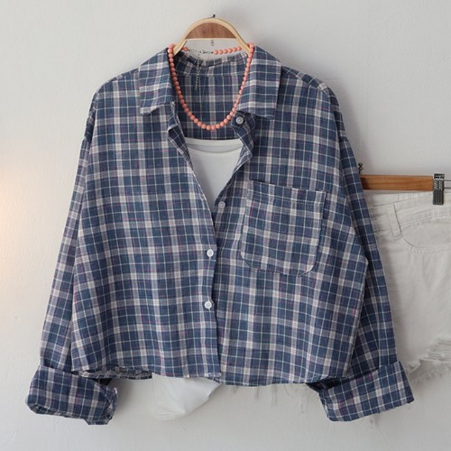 스카이코코 여성 긴팔 체크 숏남방 로지 크롭 셔츠