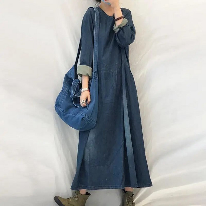 여성 긴팔 데님 원피스 봄가을 빈티지 데일리 청치마 캐주얼 프렌치핏 롱 원피스 빅사이즈 YHY