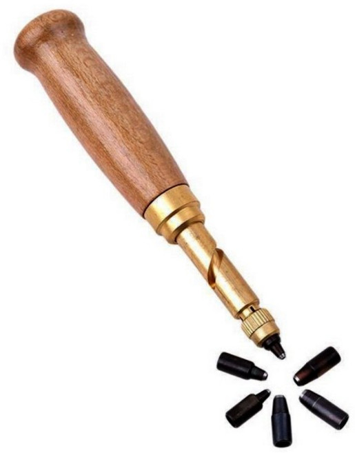 가죽공예 스크류 펀치 세트 - 목재 손잡이 자동 펀칭기 - 교체형 타공 팁 포함, 1개, 브라운+블랙