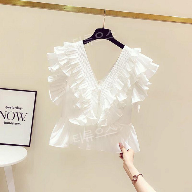 티류으스 여성용 데일리 쉬폰 블라우스 날개소매 프릴 플리츠 스판 하이웨스트 민소매 캐주얼 데이트룩