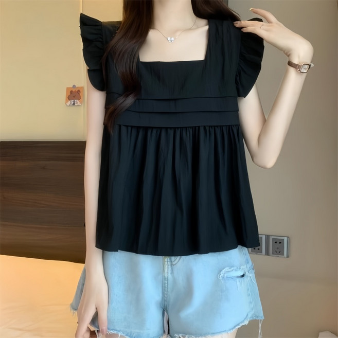 Makone 여성 스퀘어넥 솔리드 어깨프릴 프렌치 셔링 플리츠 트랜드 스타일리시 루즈핏 슬리브리스 블라우스