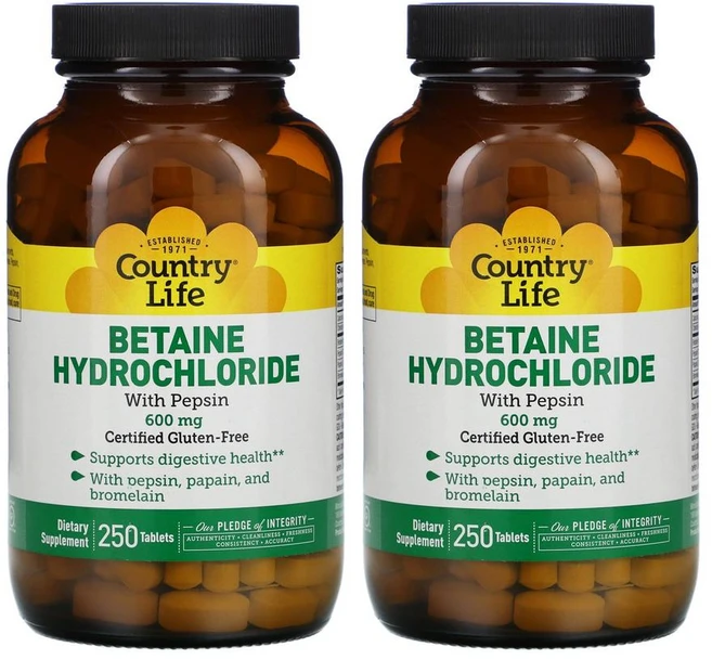 Country Life 컨트리 라이프 베타인 염산염 600mg 250정 1+1 칼슘 전해질 브로멜라인 파파인 펩신 함유 - 쿠팡