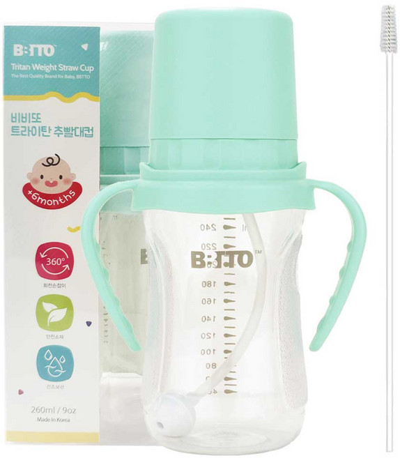 비비또 트라이탄 추빨대컵 260ml + 빨대세척솔, 민트, 1세트