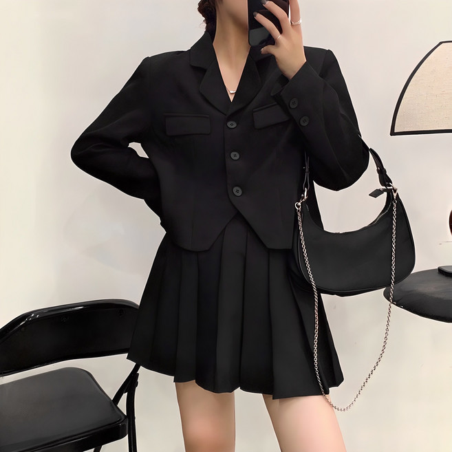믹스블링 투피스 세트 크롭 자켓 플리츠 미니 스커트 여성 정장 셋업