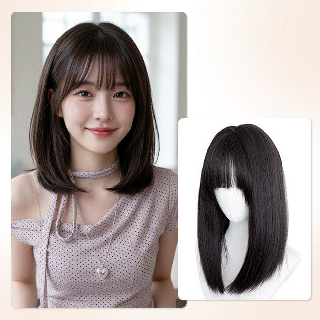 Lumiweft 여성 중단발 가발 자연스러운 일체형 앞머리 통기성 좋은 통가발, 1개, 검정색