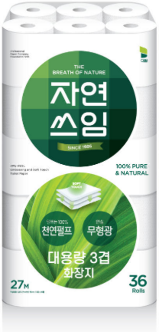 자연쓰임 천연펄프 36롤 대용량 3겹 화장지 1팩, 1세트