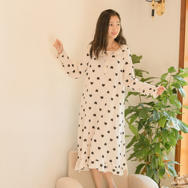 마른파이브 여성용 앤티크 하트 프릴 순면 거즈 홈웨어 원피스잠옷