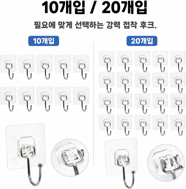 강력 접착식 벽걸이 후크 7cm 대형 고리 주방 욕실 다용도 걸이 세트 벽 타공 불필요, 투명, 10개