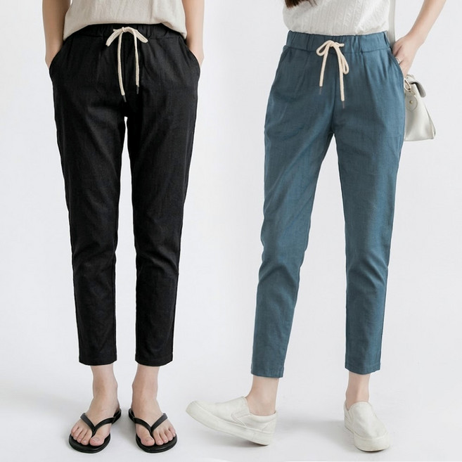 1+1 여성 린넨 마 슬림핏 밴딩바지 9부 여름 일자 배기팬츠 데일리룩