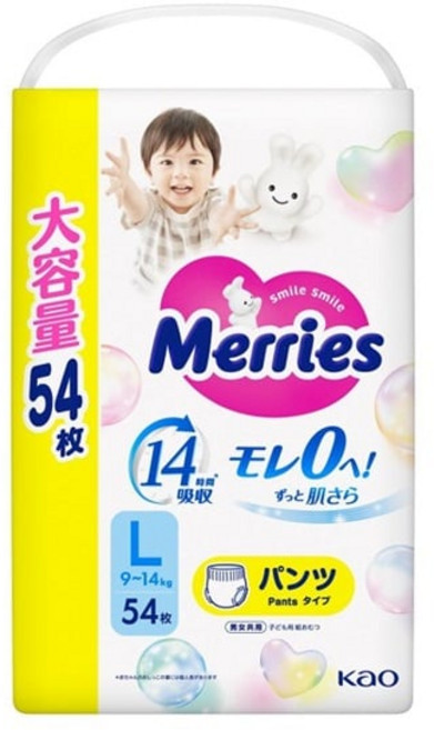 메리즈 팬티형 기저귀 대용량 54 개입 (9~14kg), 162매, 대형(L)