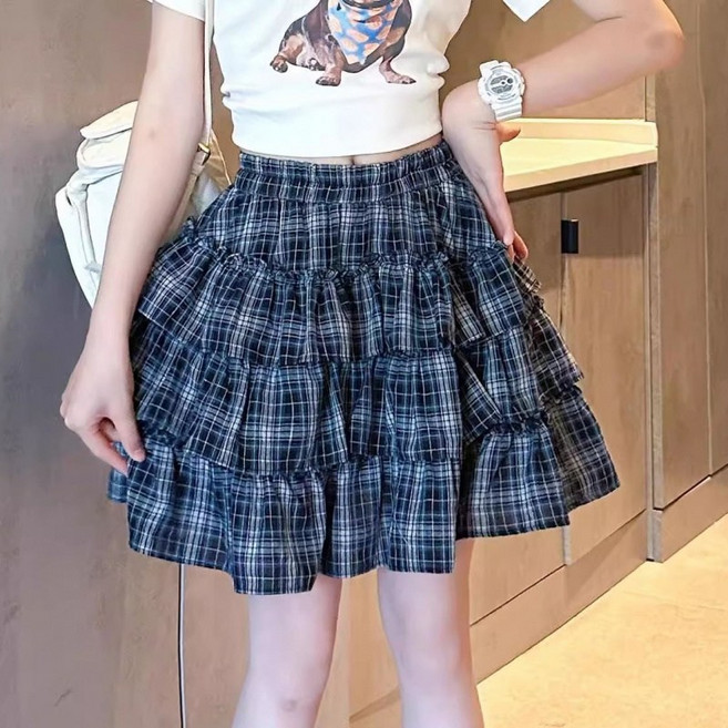 Toruva어린이 패셔너블 체크 레이어드 치마 봄여름 캐주얼 룩14세 이상