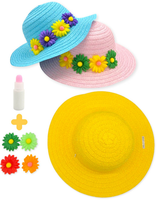 아이몽 어린이모자 목공풀 꽃송이세트 공예재료 만들기 꾸미기 체험학습 농부모자 체험활동 갯벌체험, 1세트, 노랑+꽃송이4개