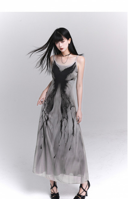 해피유통 여성용 전위적 디자인 롱 원피스 여름용 특이한 불규칙 패턴 mgy