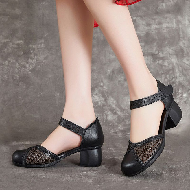 레트로 메쉬 샌들 구두 미들힐 가죽 베이지 중년 엄마 구멍뚫린 통기성 여름 5cm