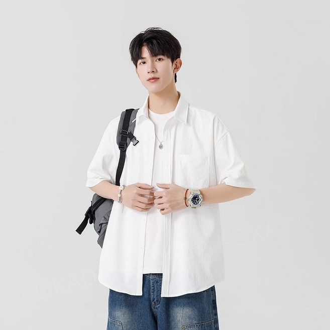 AOKADA 남성 여름 루즈핏 링클프리 쿨링 아이스 스판 베이직 반팔 셔츠 남방