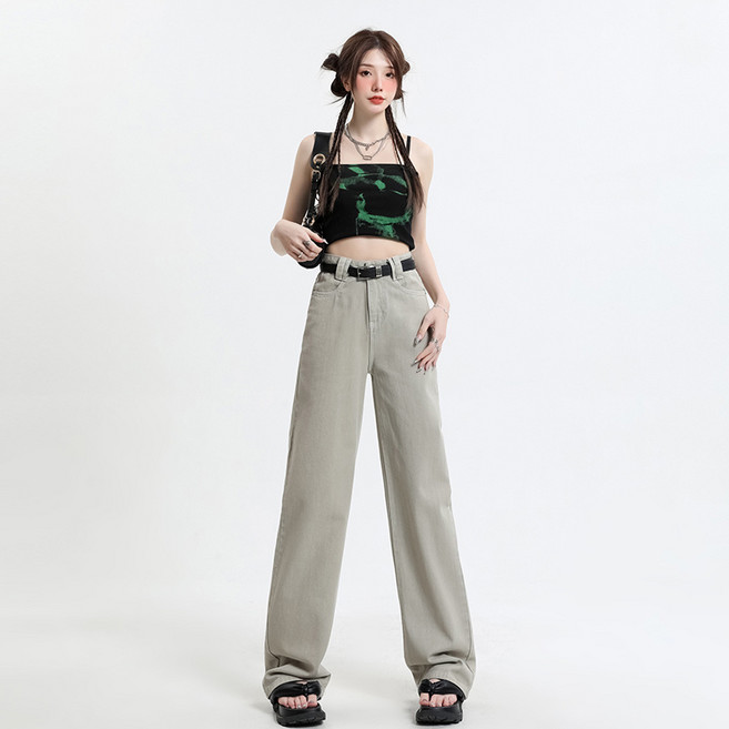 연그레이 데님 팬츠 여 여름 하이웨스트 슬림 루즈핏 와이드 일자 슬랙스 얇은