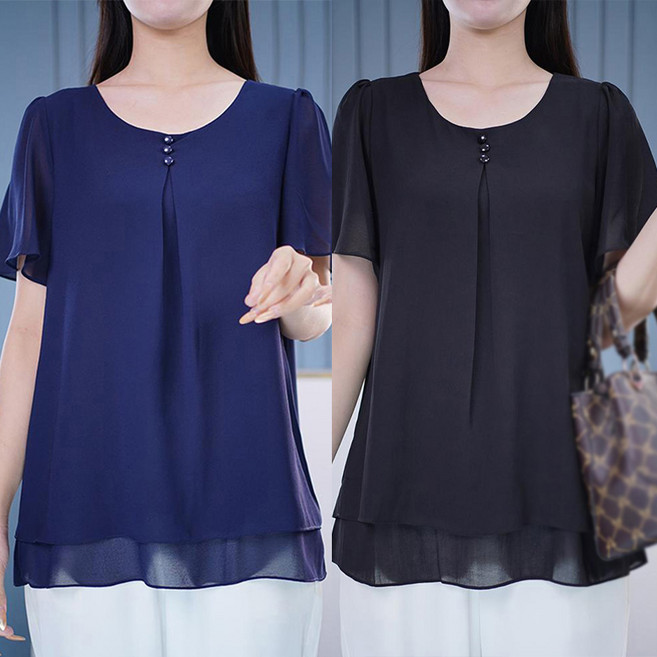 중년여성의류 여름 쉬폰 블라우스 캐주얼 무지 단추 반팔 티셔츠 간절기 기원한 통기 망사티