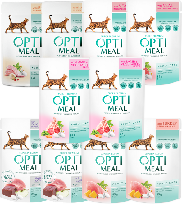 옵티밀 파우치 어덜트캣 혼합맛 5종(래빗2개/송아지2개/양고기2개/오리2개/칠면조2개) 10개 세트, 85g