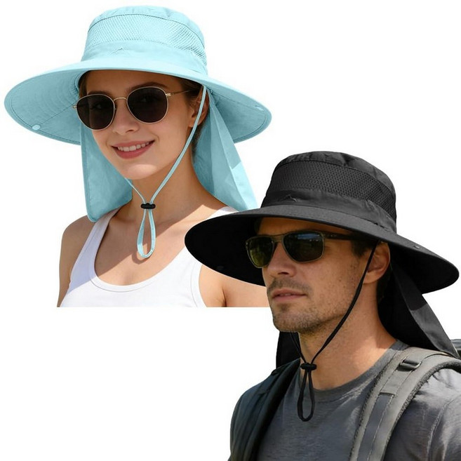 ZOORON Sun Hats for Men Women Outdoor UPF50+ Mesh Sun Hat Wide Brim Fishing Hat with Neck Flap Sun, 2, 2-블랙/블루