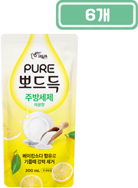 피죤 퓨어 뽀드득 주방세제 레몬향 리필, 300ml, 6개