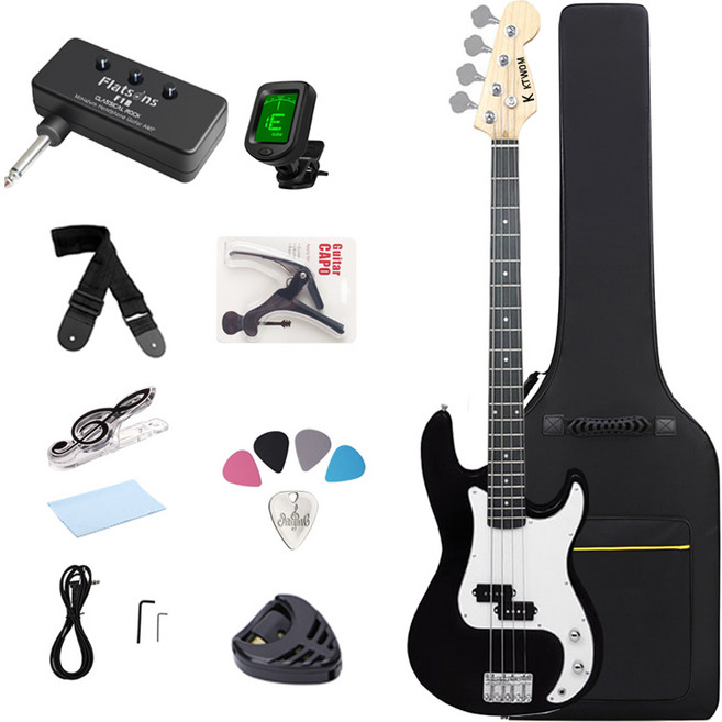 케이투엠 입문용 베이스 기타 + 미니 헤드폰 앰프 풀세트, 블랙, 1개