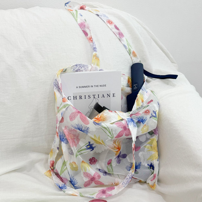 에브리테일 쉬폰 플라워 나염 에코백 가벼운 천가방