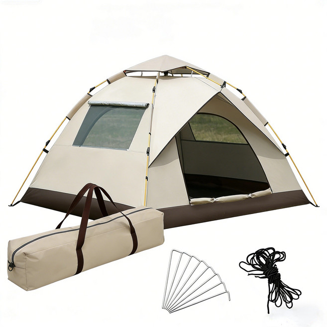 자외선차단 원터치 자동 텐트 2-4인 가족 캠핑 그늘막 텐트 초간편 설치, 하얀색+창문