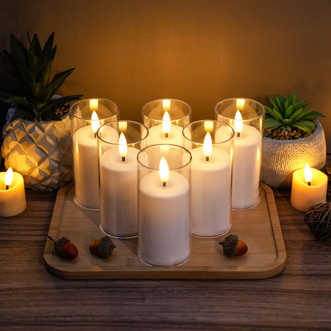 JHY DESIGN 모던홀릭 캔들 LED 양초 조명 흔들리는 전자초 유리 캔들 6종 세트, 흰색