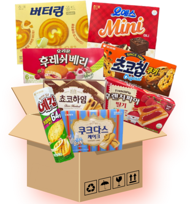 탕비실 과자 세트 사무실 간식 종합선물 구성 [버터링+후렌치파이+예감+초코칩쿠키+오예스+쿠크다스케이크+초코하임+후레쉬베리], 1