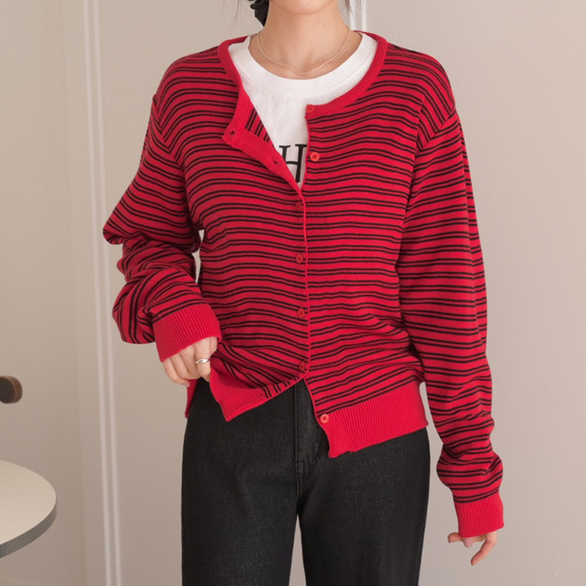 데일리앤 크램블 봄 가을 라운드넥 긴팔 니트 여성 멀티 스트라이프 가디건