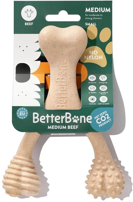 BetterBone - 부드러운 밀도 - 가볍거나 중간 정도 씹는 사람에게 이상적 - 천연 소재 나일론 프리 강아지 츄잉 장난감 - 무독성 치아 건강 촉진 파편 방지 지, 소고기, Small, 1개 - 쿠팡