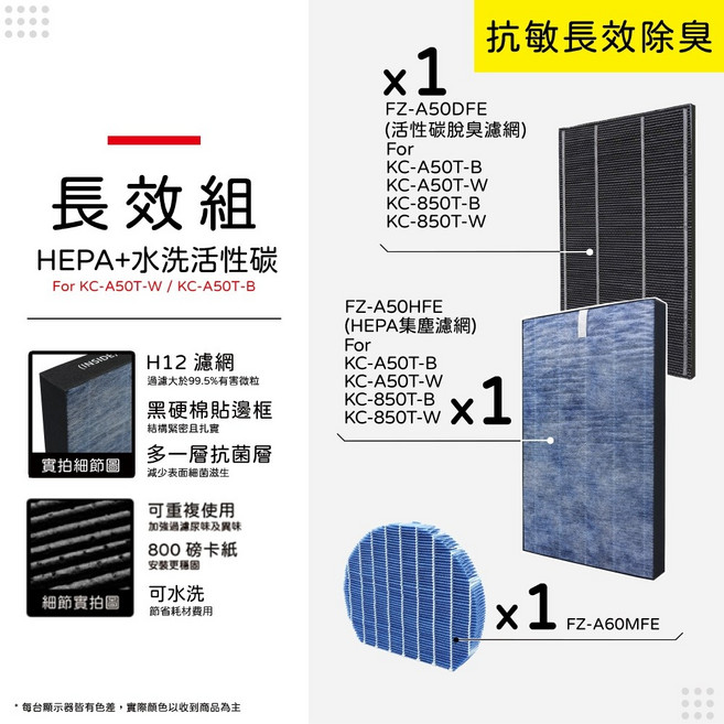 蟎著媽 適用 SHARP 夏普 FZ-A50DFE KC-A50T-W KC-A50T-B 空氣清淨機 濾網, 1個, 集塵HEPA+水洗除臭活性碳+藍加濕各一, 280HEPA*1+280DFS*1+A60MFE*1