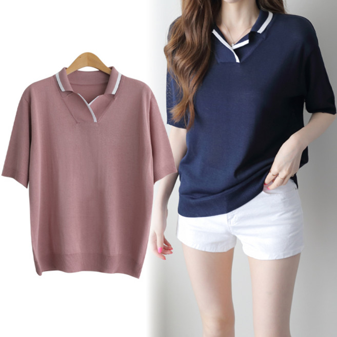 제니트 여성 루즈핏 카라넥 오픈 반팔 니트 니트티 여름 미엘카라5부