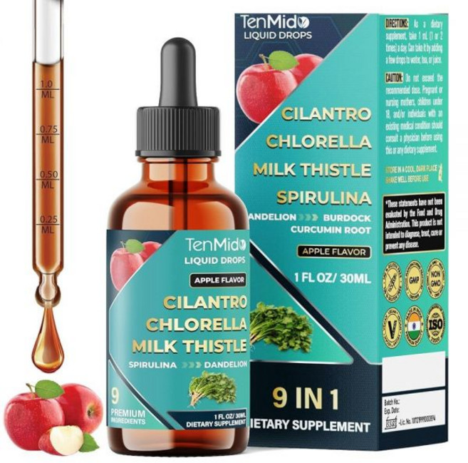 Tenmido 9in1 고수 팅크 - 클로렐라 밀크 씨슬 스피루리나 민들레 우엉 뿌리 커큐민 마늘 생강이 함유된 허브 추출물 액체 보충제 30ml 29.6ml(1액, 1개, 1개