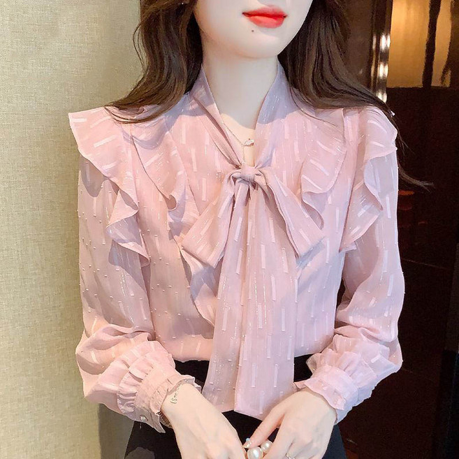 슬림소녀 여성 리본 패션 단추 쉬폰 셔츠 긴팔 기질 루즈핏 심플 이쁜 이너 상의