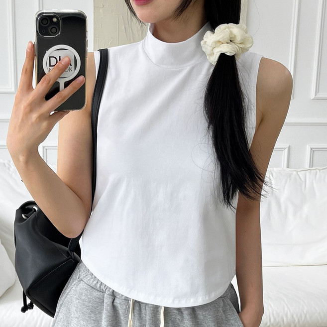 [디아미뇽] 베티 무지 폴라 밑단 둥글 레이어드 민소매 나시