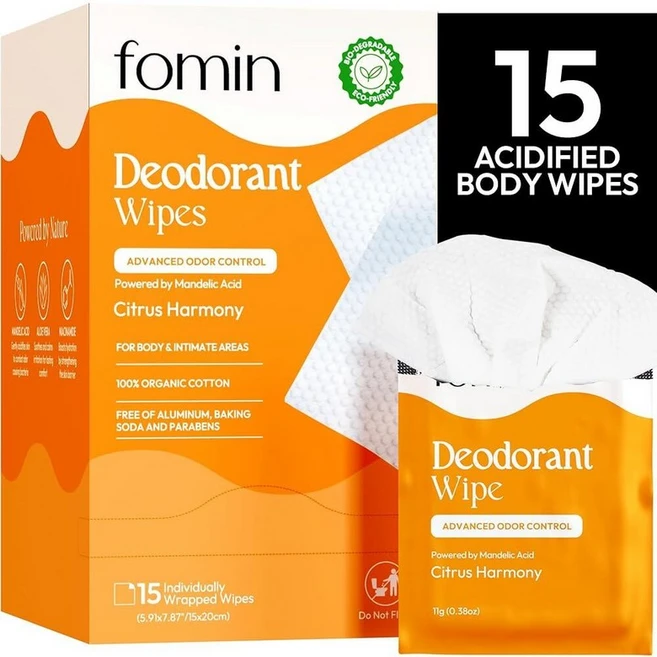FOMIN 여성 및 남성용 산성 여행용 데오도란트 물티슈 - 15개 - 시트러스 하모니 - pH 균형 미니 데오도란트 여행용 사이즈 물티슈 - 플라스틱 프리 개별 포장된 겨, 15 Count (Pack of 1) - 쿠팡