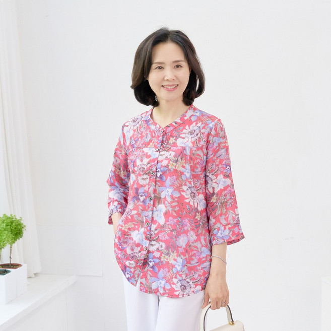 마미소 로사 오픈 블라우스 쉬폰 면 차이나넥 플라워 고급 엄마 할머니 빅사이즈 40 60 마담 중년 여성 옷