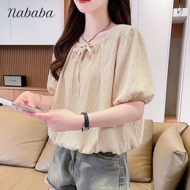 나바바 NT2780 여성 로맨틱 셔링 리본 퍼프 반팔 티셔츠