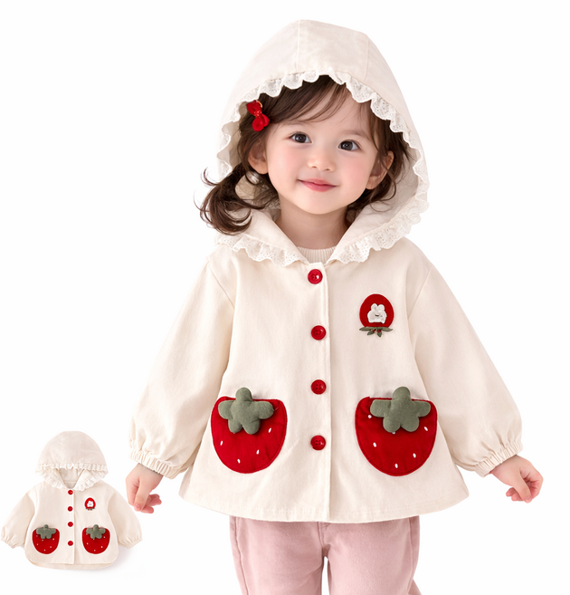 유아 여아 후드점퍼 딸기패치 레이스후드 간절기 점퍼 아동 바람막이 자켓