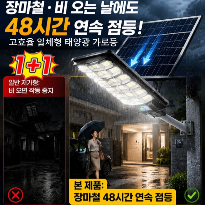 5위 - 1+1[최신형]고효율 일체형 태양광 가로등 태양광 led 아외등 울트라 라이트 인체감응 조명 정원등, 전면 