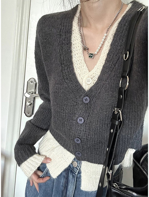 COSYEVNO 여성 가디건 가을 패션 브이넥 빈티지 고급 가짜 투피스 배색 긴팔 니트 상의 CXJzzs-75