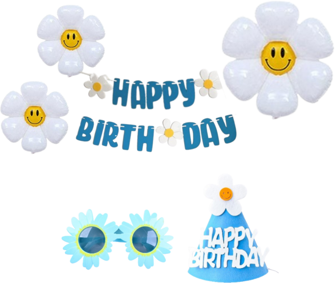 연지마켓 생일파티 용품 세트 데이지 풍선 생일 가랜드 안경 고깔, 1세트, 07)블루 기본